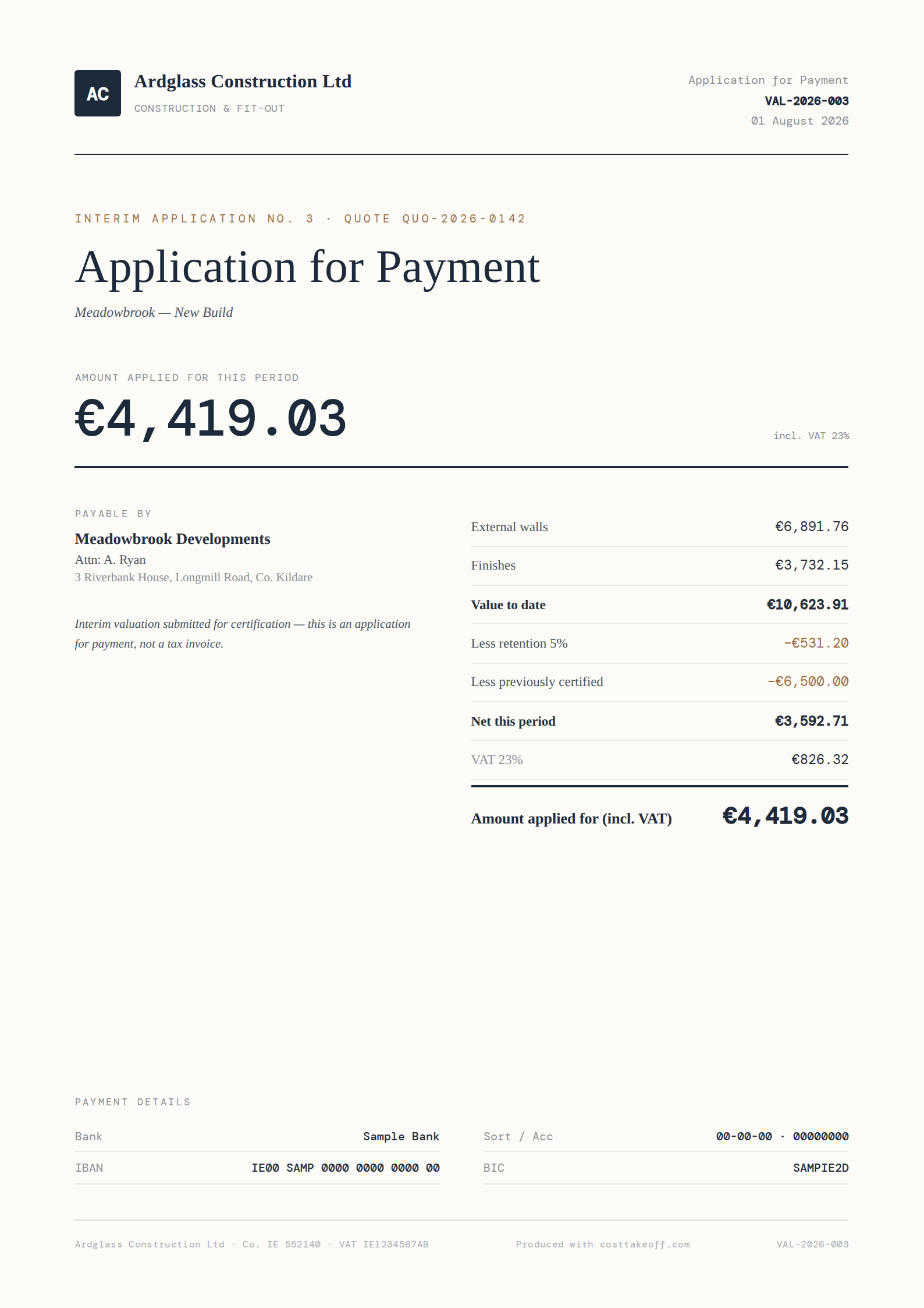 CostTakeoff Application for Payment